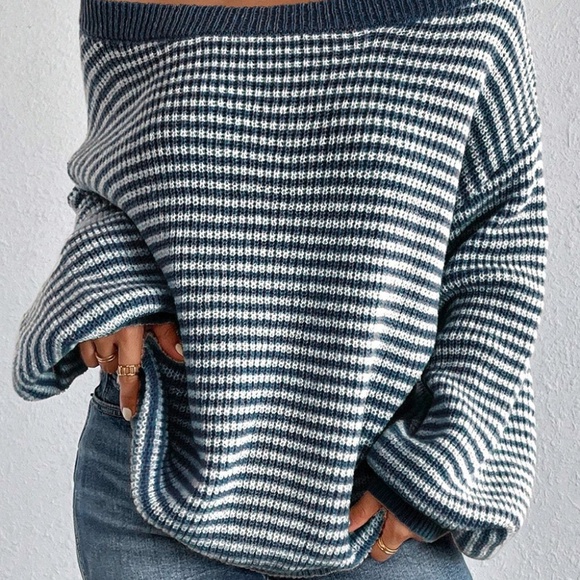 B201 Sail Blue Striped Lantern Sleeve Drop Shoulder Cozy Sweater - Picture 3 of 4